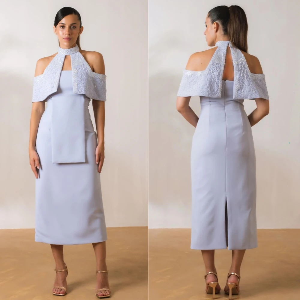 Satin Beading Formal Evening A-line High Collar Bespoke Occasion Dresses Tea-Length Saudi Arabia