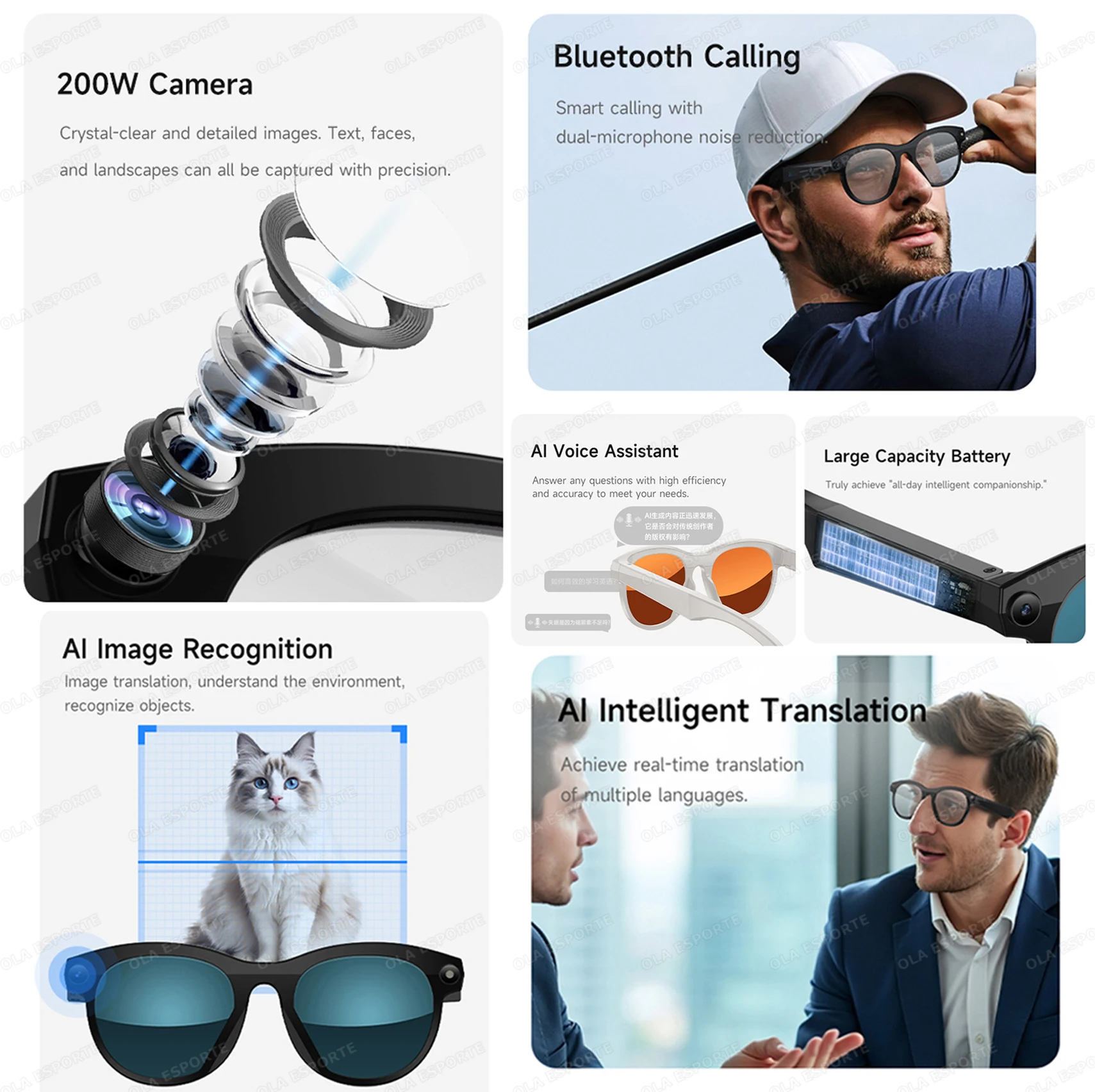 New HD AI Smart Camera Glasses Multifunctional Bluetooth Call Voice Assistant Music Player Translation Camera Glasses Men Women