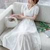 Summer New Pure Cotton V-neck Embroidery Elegant Fashion White Dresses Ladies Short Sleeve Waist Sweet Robe Dress Female Vestido 3