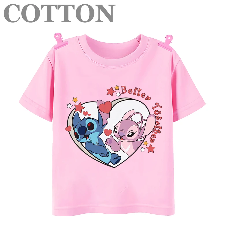 thumbnail image 1 of Camiseta de algodón con cuello redondo y manga corta para niños y bebés, diseño de dibujos animados de Disney Stitch, anime, moda de verano, 1 of 5