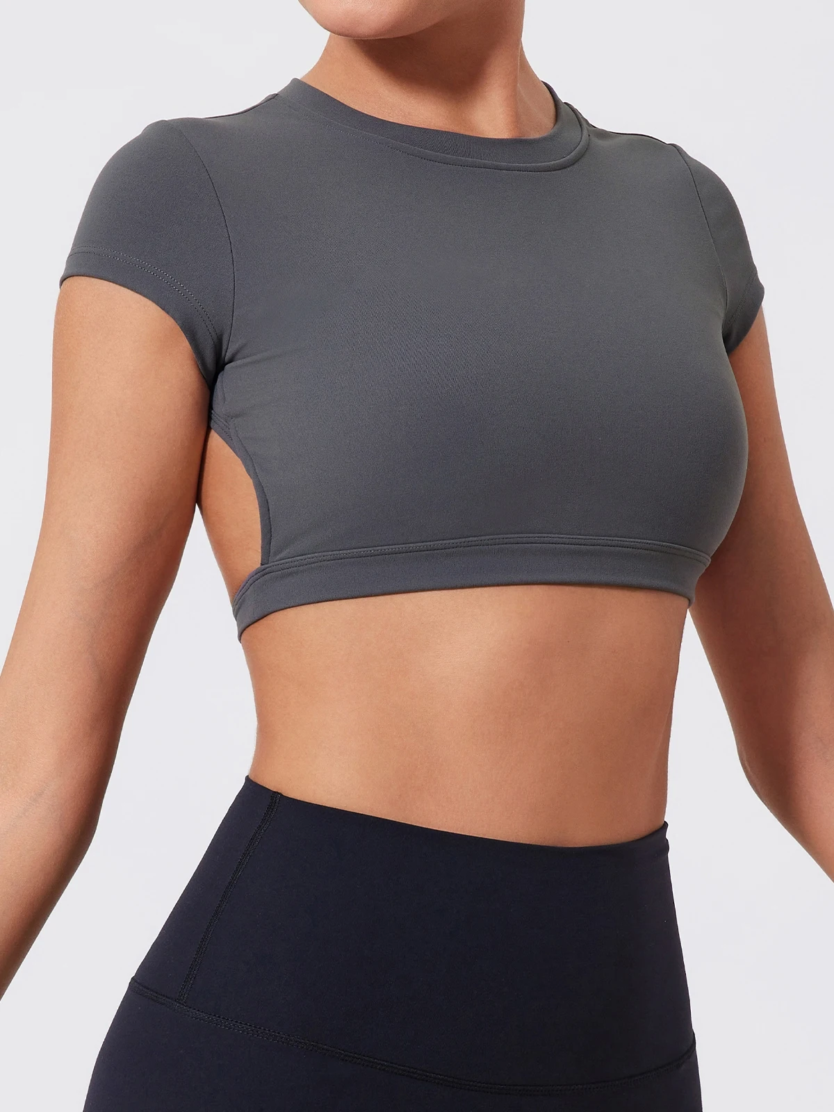 Women Crop Top - Backless Sports Crop Tee With High Compressive Waistband