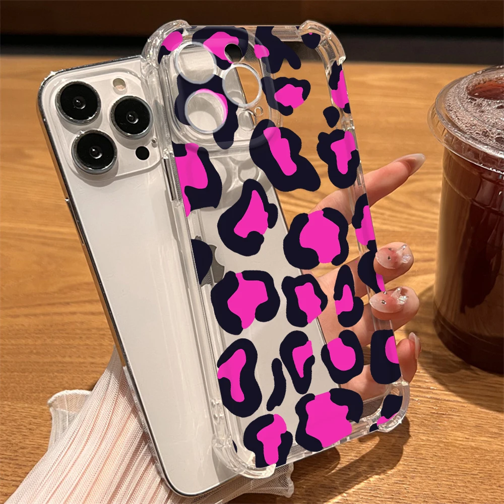 

Pink Leopard Print Phone Case for Iphone 11 13 14 Plus Pro Max 12 Mini XS X XR 7 8 SE Clear Shockproof Acrylic Hard Back Cover