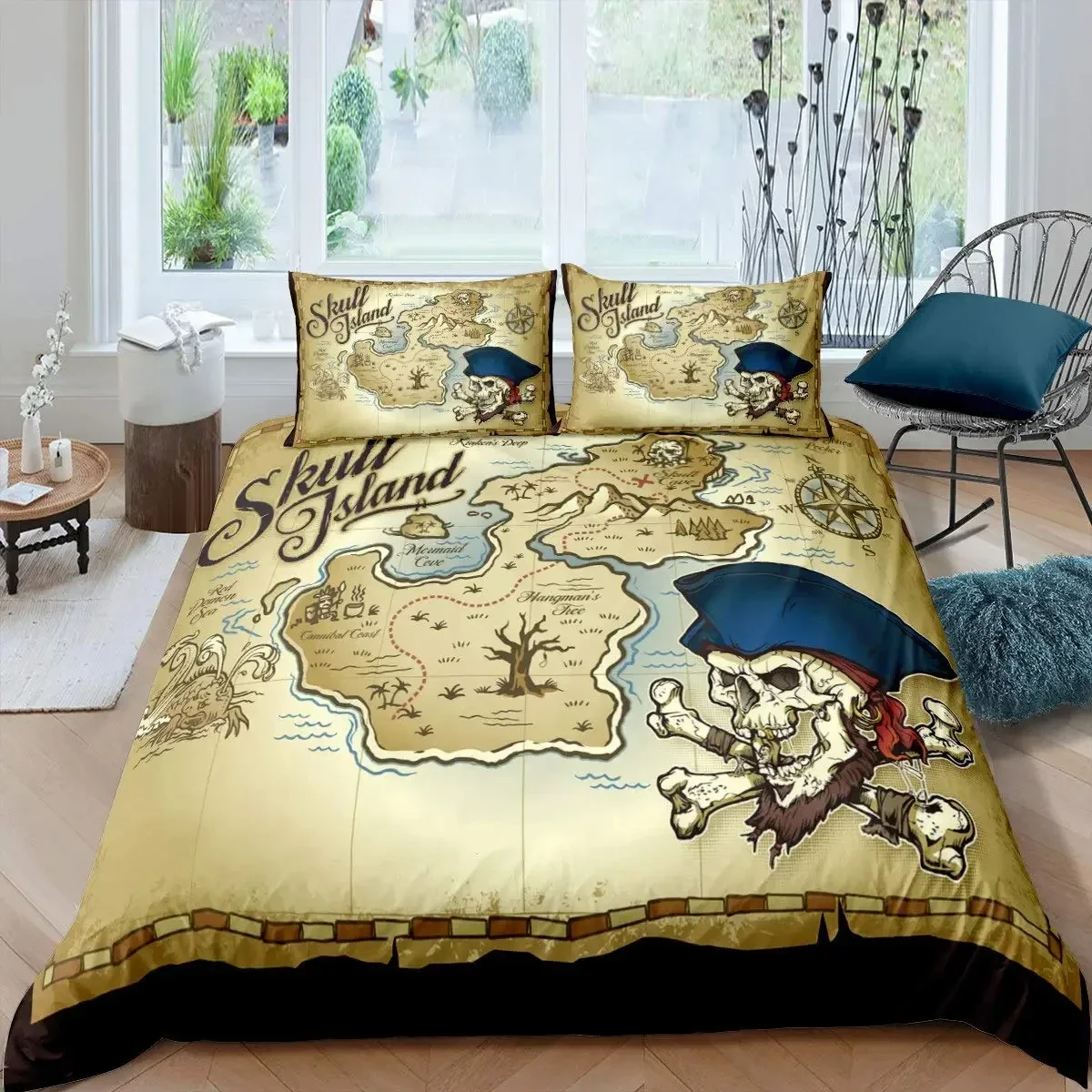 Nautical Pirate Duvet Cover Set Sailboat Theme Bedding Set Palm Tree Island Treasure Hawaiian Beach Cartoon Comforter Cover Full