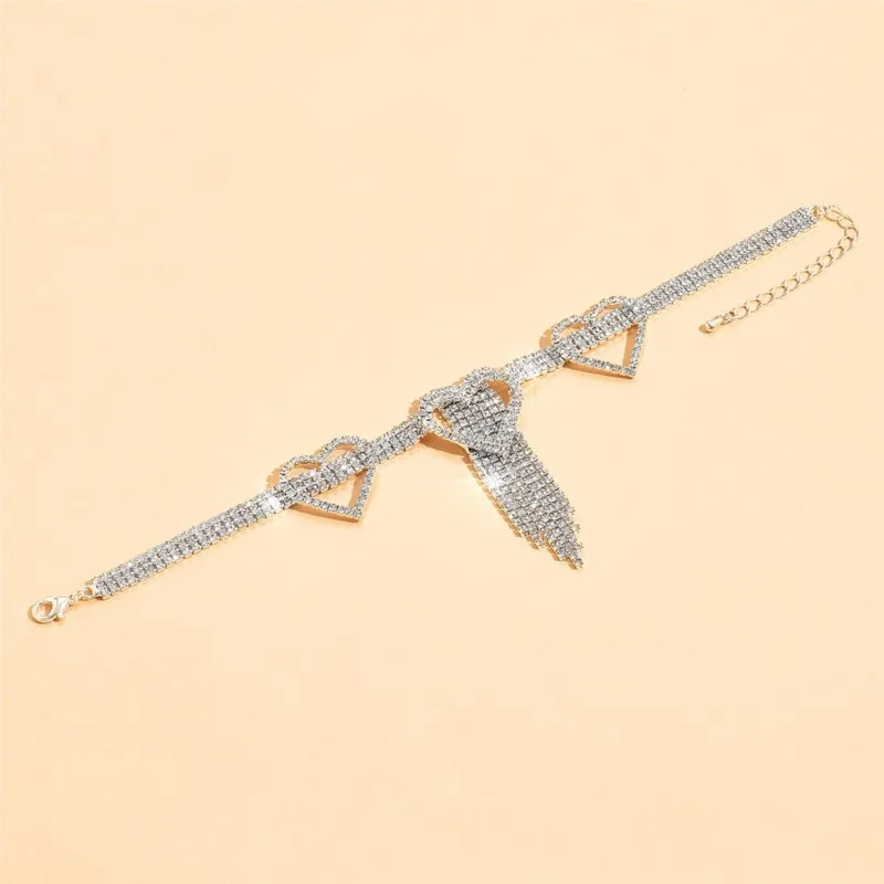 Inlaid Rhinestone Heart-shaped Tassel Charm Anklet for Women Elegant Fashion Summer Vocation Beach Wedding Anklet Jewelry Gifts