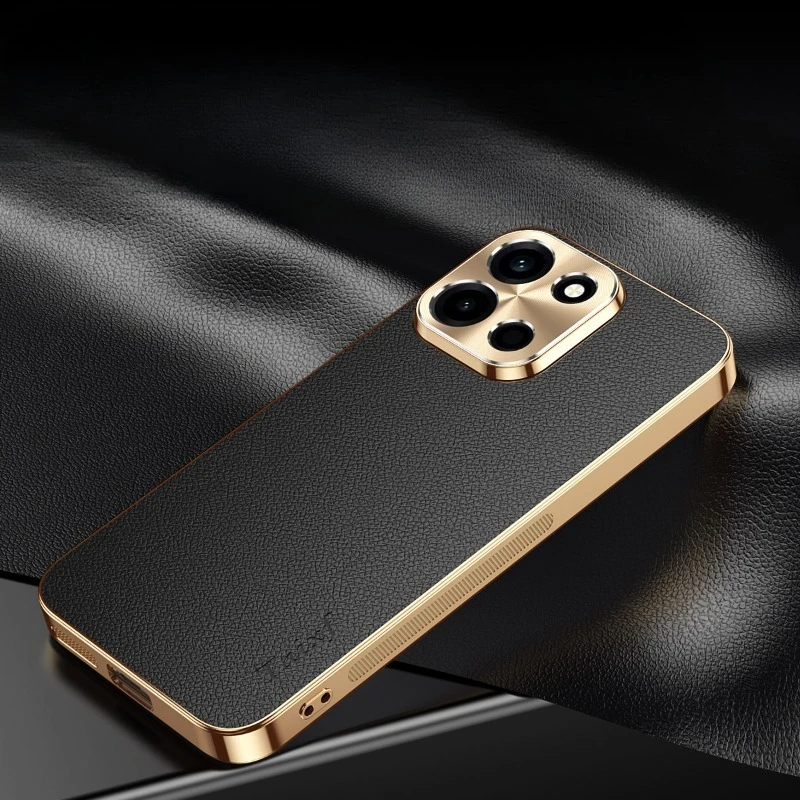 Premium PU Leather Plating Shockproof Cover with Alloy Lens Protection and Lichee Pattern TPU Frame
