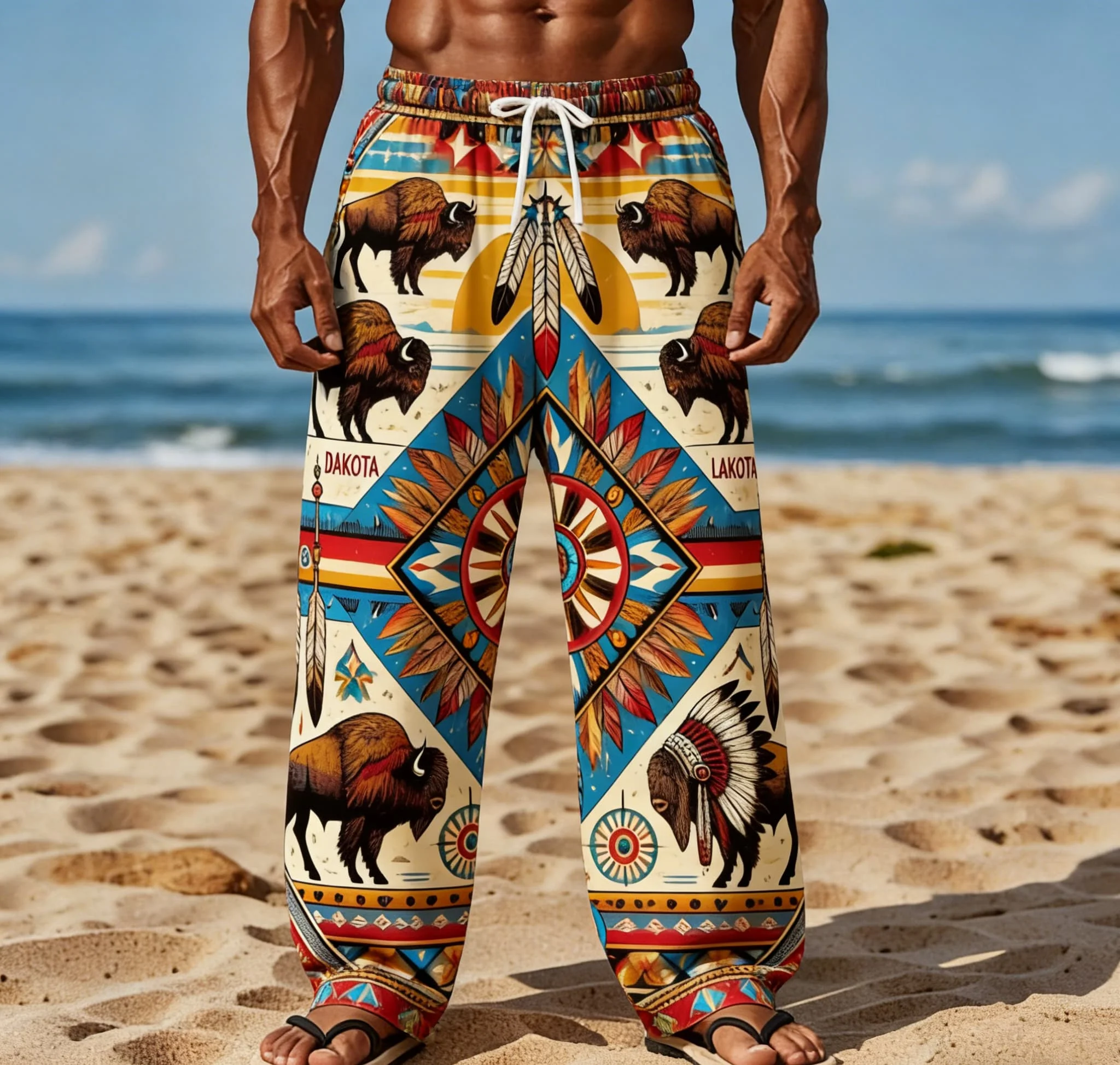 Herren Sommer Neue Hawaii-Style Lange Hosen Retro Ethnisches Stammesmuster Bedruckte Strand-Weite Hosen