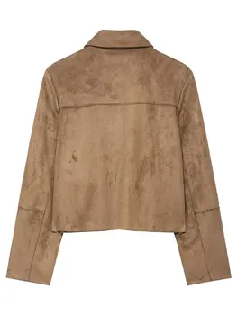 سترة خريف HH للنساء معطف كلاسيكي من جلد الغزال الصلب بأكمام طويلة وياقة مقلوبة سترات قصيرة موضة ملابس خارجية عالية الشارع 5