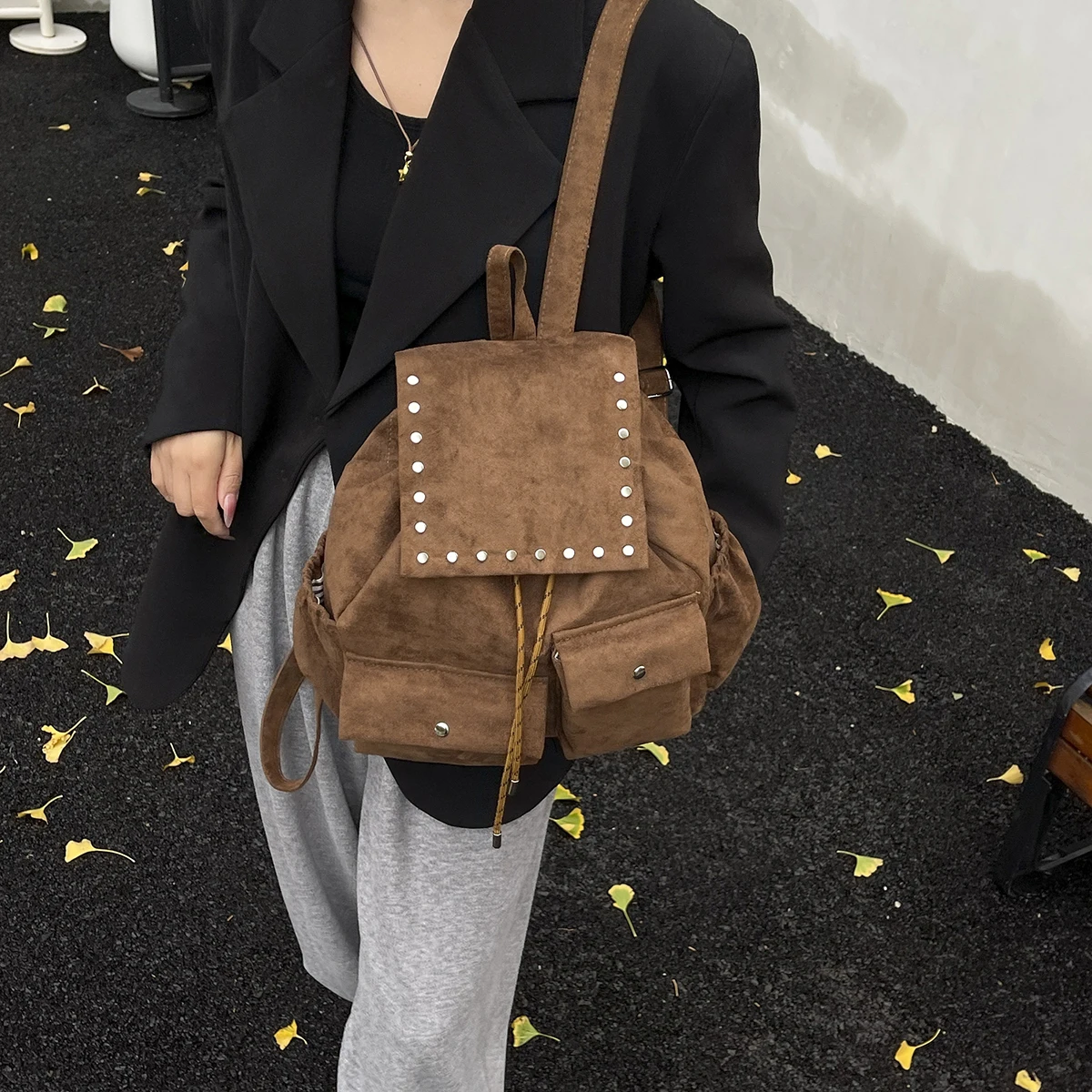 Handmade Niche Suede Korean-Style Drawstring Backpack, Lightweight Double-Pocket Simple Suede Women's Backpack, Hiking Bag for Trekking, Shopping, Outings, and Work