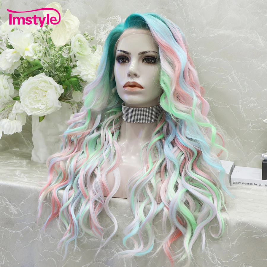 Imstyle Synthetic Lace Front Wig Multicolor Wigs Natural Wavy Heat Resistant Green Pink Mixed Ombre Wig Cosplay For Women