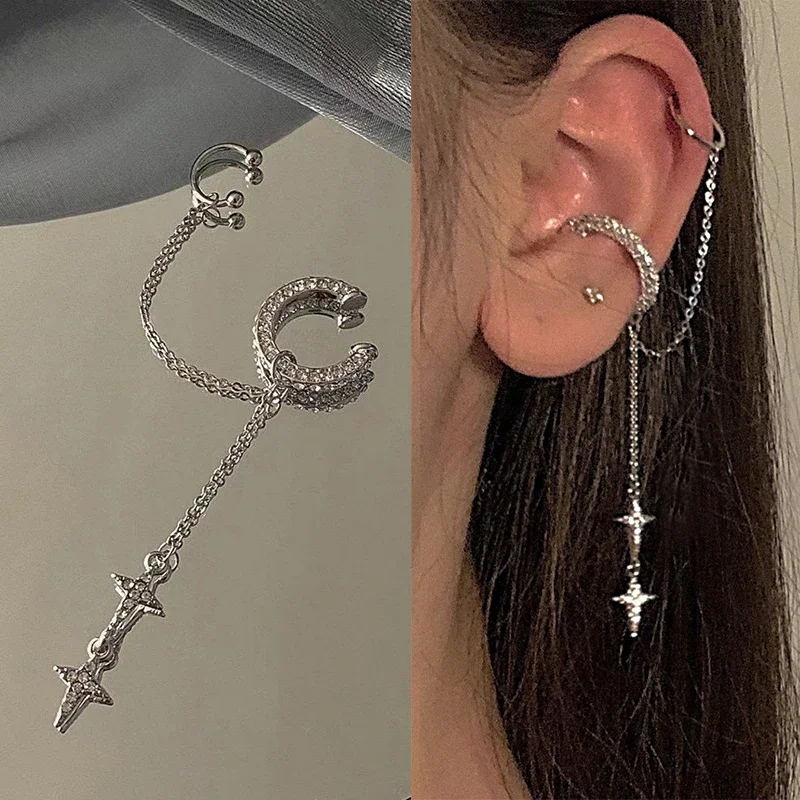 Ear Clip Earrings Silver Color Crystal Tassel Non-Piercing Cuff for Women Rhinestone Star