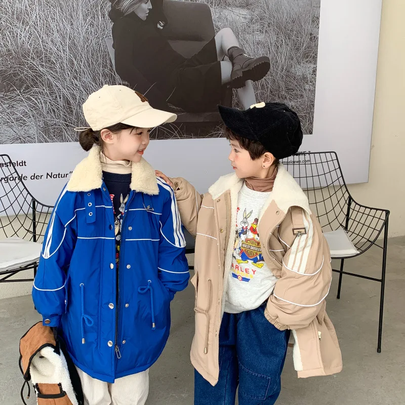 

2023 Children Boys Autumn Winter Parka Cotton Thick Turn Down Fleece Collar Jacket Loose Warm Waist Drawstring Baby Down Jacket