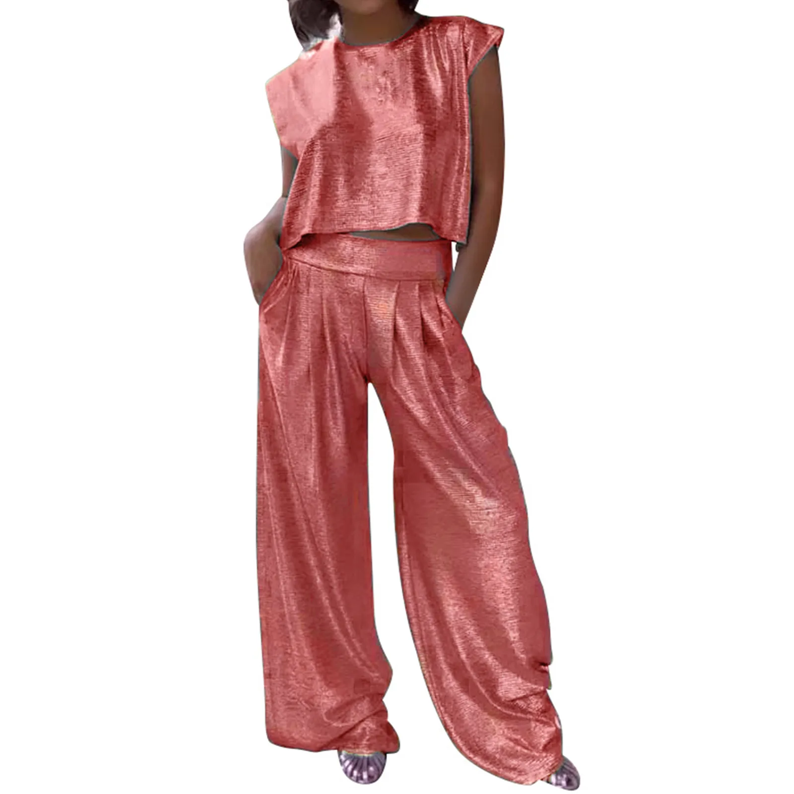 Description Picture 3 of itemWomen 2 Piece Set Outfit Women'S Casual Glossy Vest And Wide Leg Pants Two Piece Set Round Neck Sleeveless Crop Top 트레이닝복 세트