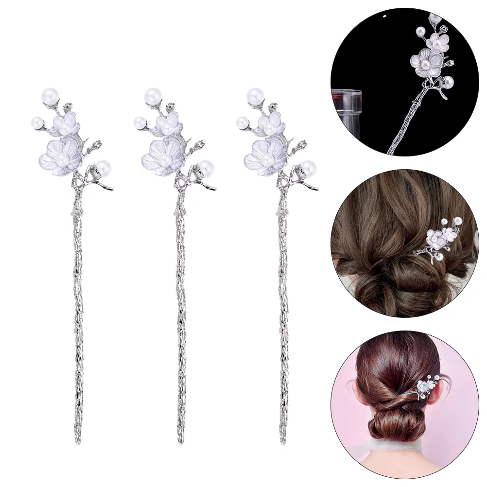

3 Pcs Hairpin Chinese Accessories Pearl Hairpins Clockwork Women Decors Imitation Sticks Chopsticks Retro Forks Women's Flower