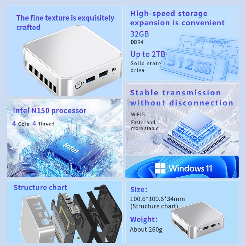 Magcubic Mini PC Intel Twin Lak N150 Windows 11 DDR4 8 16GBRAM 256 512GB 1TB ROM Dual-Band WiFi 1000M Lan RJ45 Set Top TV Box