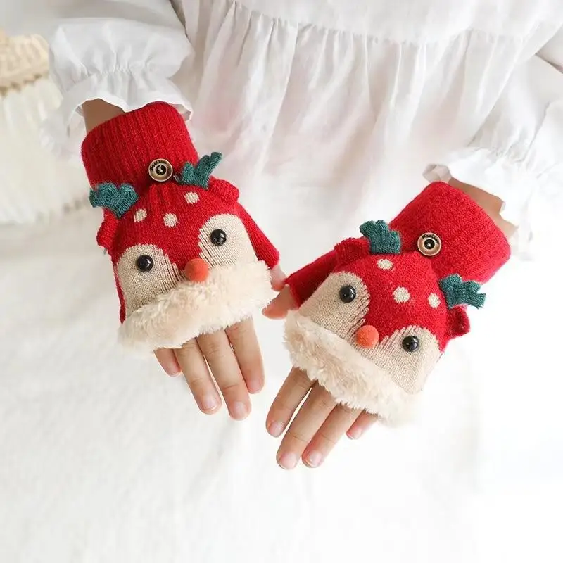 Warm Mittens For Girls Winter Children's Gloves Knitted Cartoon Elk Flip Gloves Christmas Accessories варежки детские зимние