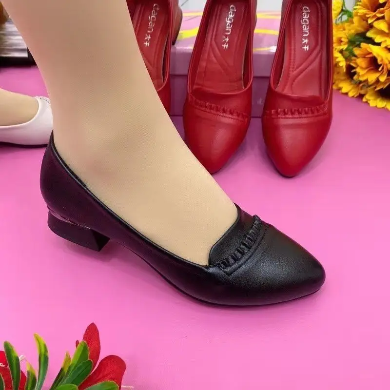 Single Shoes Thick Heel Genuine Soft Leather Women's Spring and Autumn Non-slip Soft Bottom Leather Fashion Pointed Shoes
