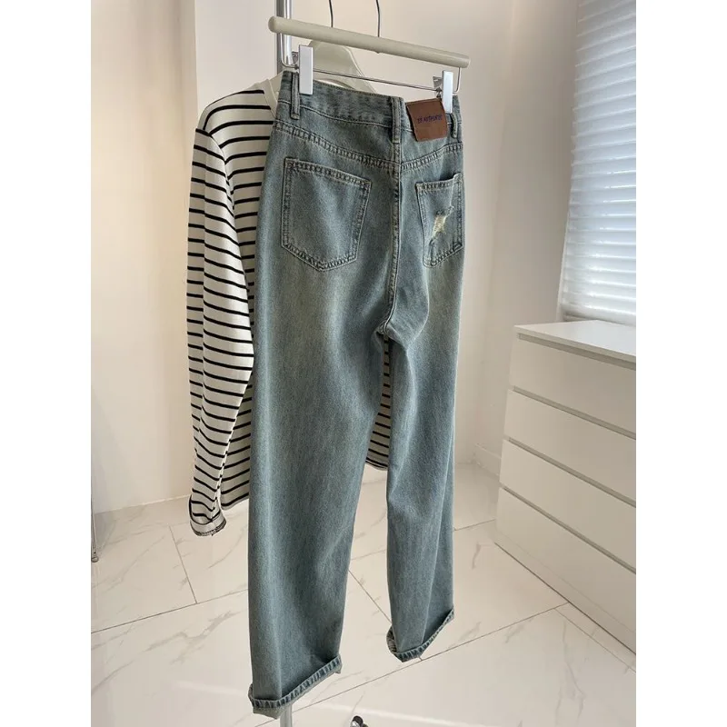 Jean pour femme déchiré bleu clair, coupe large, taille haute, ample, printemps-été, pantalon amincissant droit