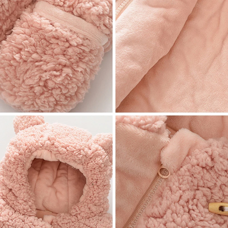0-3y Baby Girl Clothes Autumn Winter Fashion Solid Color Baby Jacket Infants Boy Hooded Plush Bear Coats Children Warm Outerwear