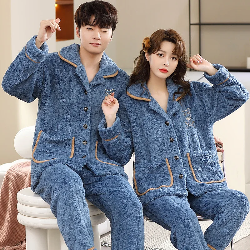 Man Pajamas Set Pajama Large Size 6Xl Man Warm Winter Lovers Nightwear Sleepwear Night Outfit Flannel Pajamas Set Thick Nightwear Long Sleeve