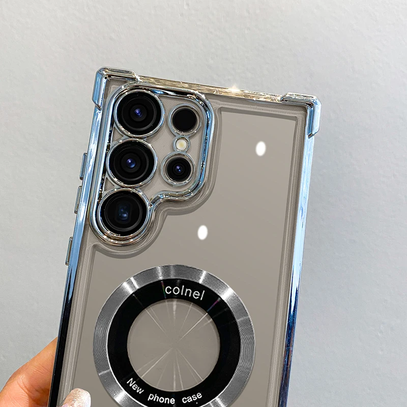 Luxury Plating Magnetic Wireless Charge Case For Samsung S25 S24 Ultra S23 S22 Plus Clear Shockproof Camera Protection Cover