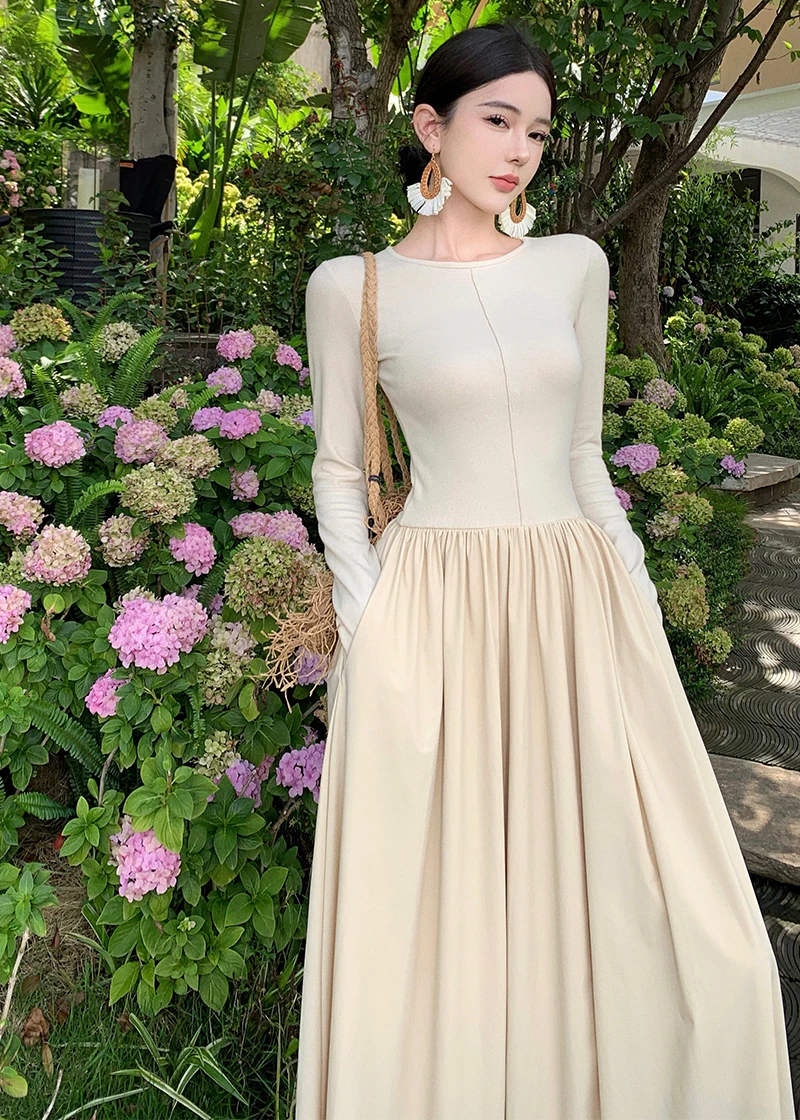 Vestidos largos informales de retazos para mujer, cuello redondo, mangas largas, corte en A, otoño primavera, moda coreana, vestidos de una pieza para mujer, nuevos