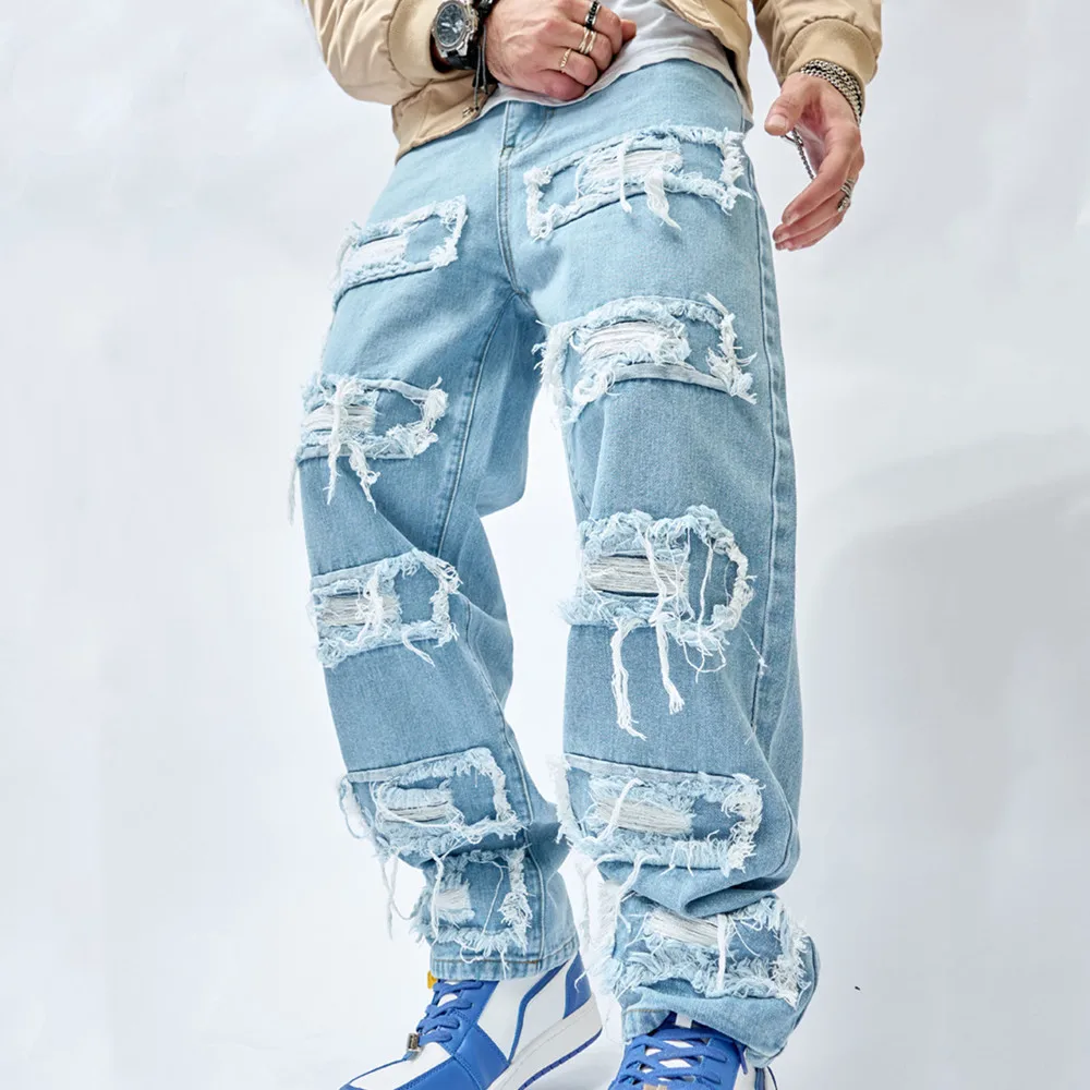thumbnail image 1 of Pantalones vaqueros rectos de empalme con parche rasgado para hombre, ropa de calle de Hip Hop, pantalones de mezclilla sueltos para motociclista, 1 of 4
