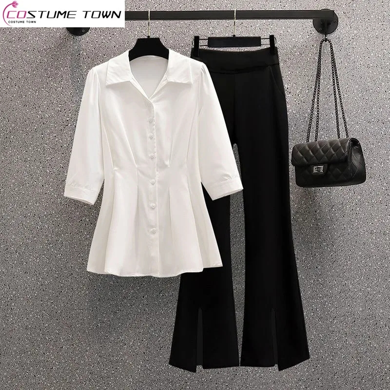 Large Size Women's Set French Minimalist Belly Covering Slimming Shirt Versatile Slit Micro Flared Pants Fashion Two-piece Set