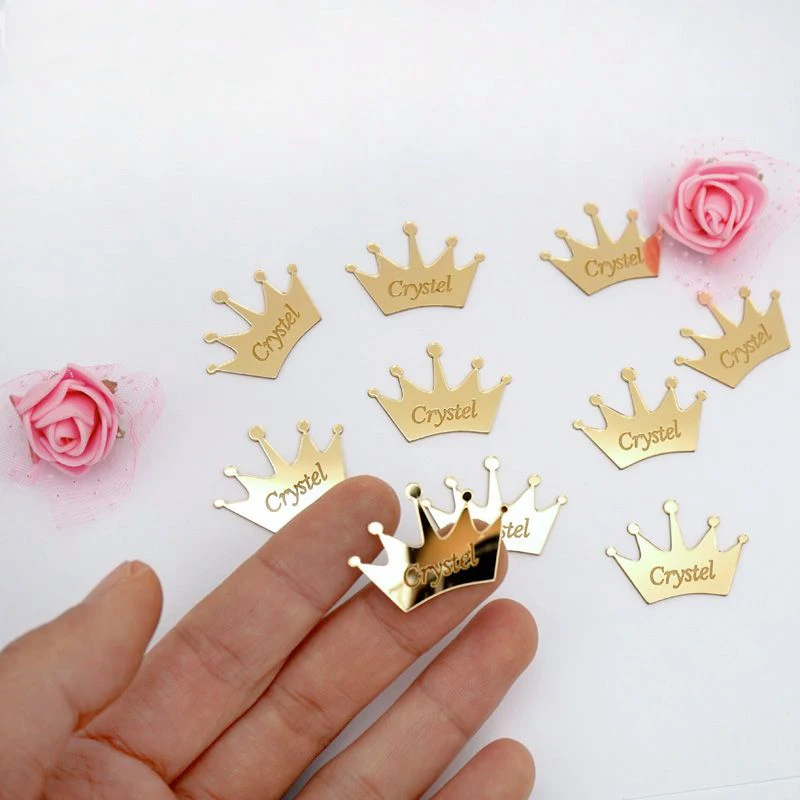 

30/50/100pcs Personalized Mirror Crown Wedding Tags Table Center Decor Card Acrylic Baby Name Sign Party Favors Laser Cut Gift