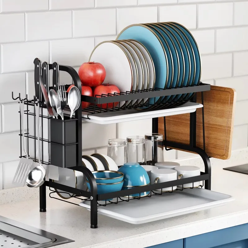 2-Tier Compact Dish Drainer Rack Rust-Proof Kitchen Dish Storage Organizer with Utensil Tray Cup Holder Knife Storage Block
