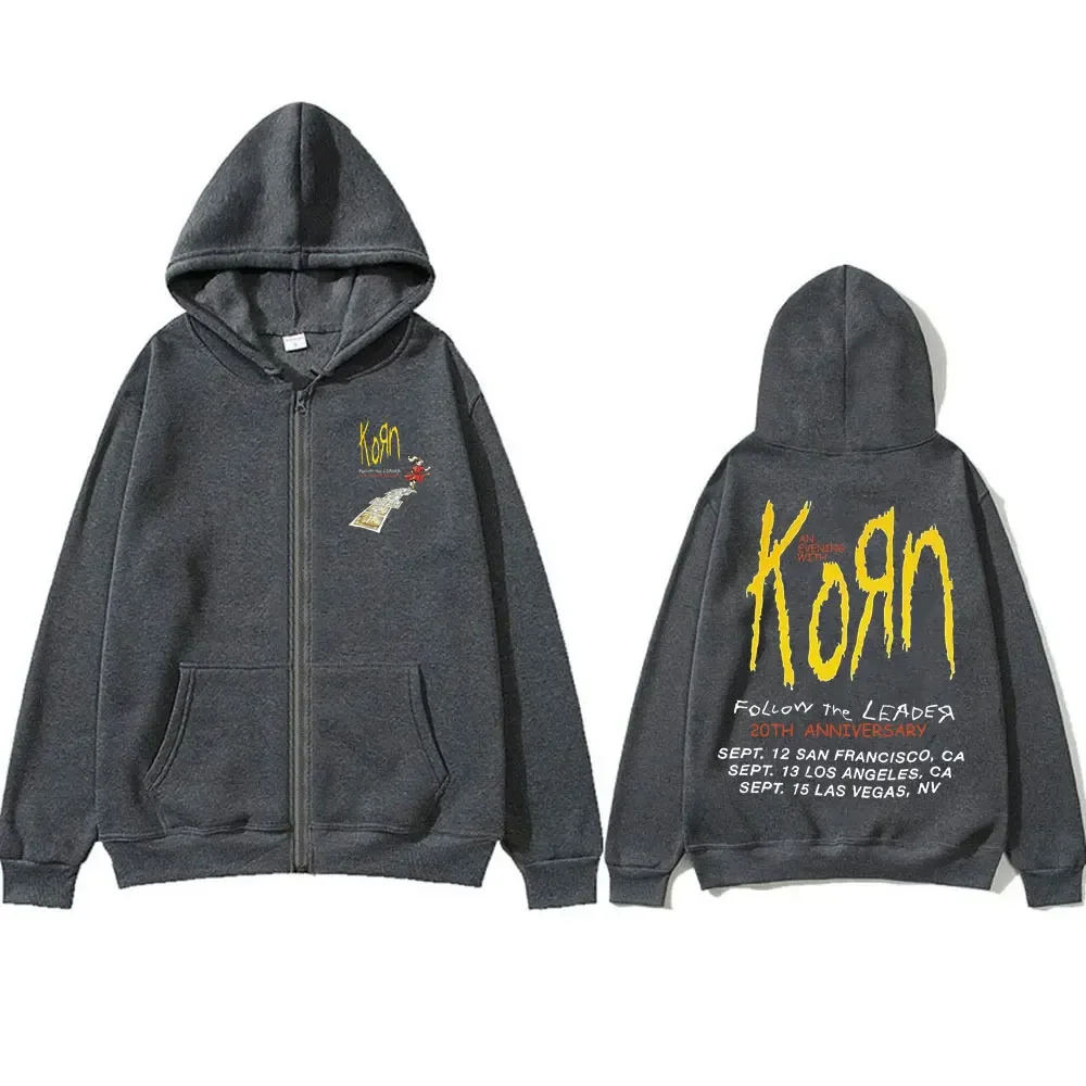 Vintage Rock Band Korn Follow The Leader 20Th Anniversary Zipper Hoodie Men Casual Zip Up Jacket Men's Oversized Zip Up Hoodies