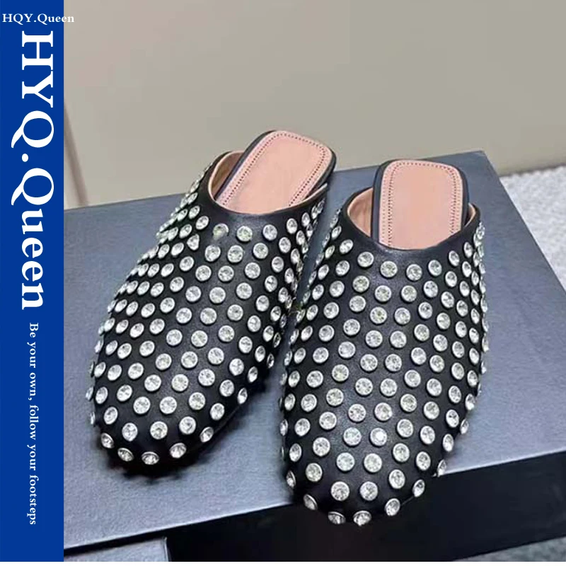 

Big Size 43 Women Shoes Outside Mules Split Leather Gladiator Flat Rhinestones Spring Autumn Slides Casual Luxury Flat Slippers