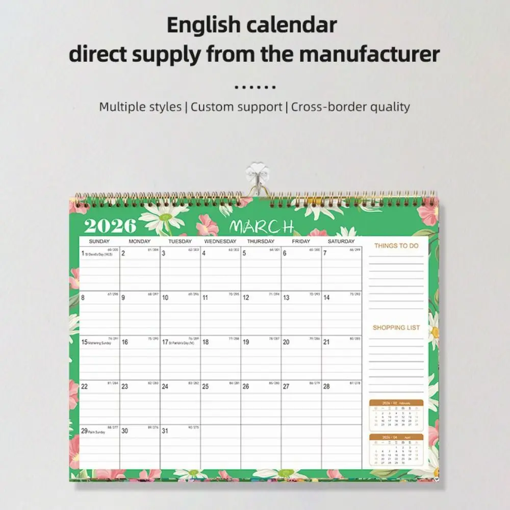 English Version 2026 Wall Calendar Floral Design Large Date Blocks Monthly Planner Vertical Display Aesthetic Design