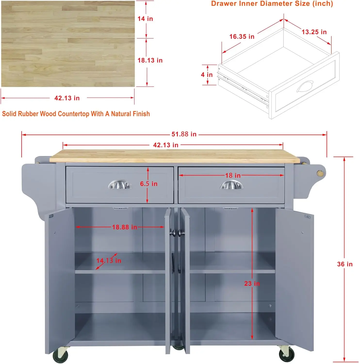 Cambridge Mobile Kitchen Island on Wheels with Storage and Wood top, Rolling Island with Towel Holder, L60.5 x W18.13 x H36.75IN
