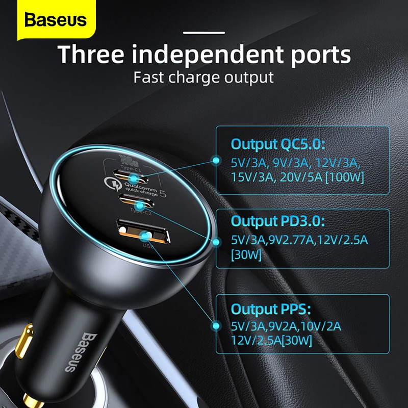 Car Charger Baseus 160W Car Charger Quick Charge QC 5.0 4.0 PD For Macbook iPad Pro Laptop USB Type C iPhone 16 Xiaomi