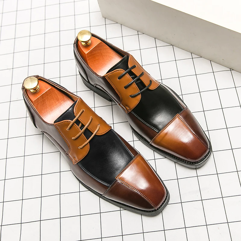 Men Retro Formal Shoes Summer PU Lace Up Office Business Derby Shoes British Splicing High-quality Shoes Size 38-48 Men Shoes