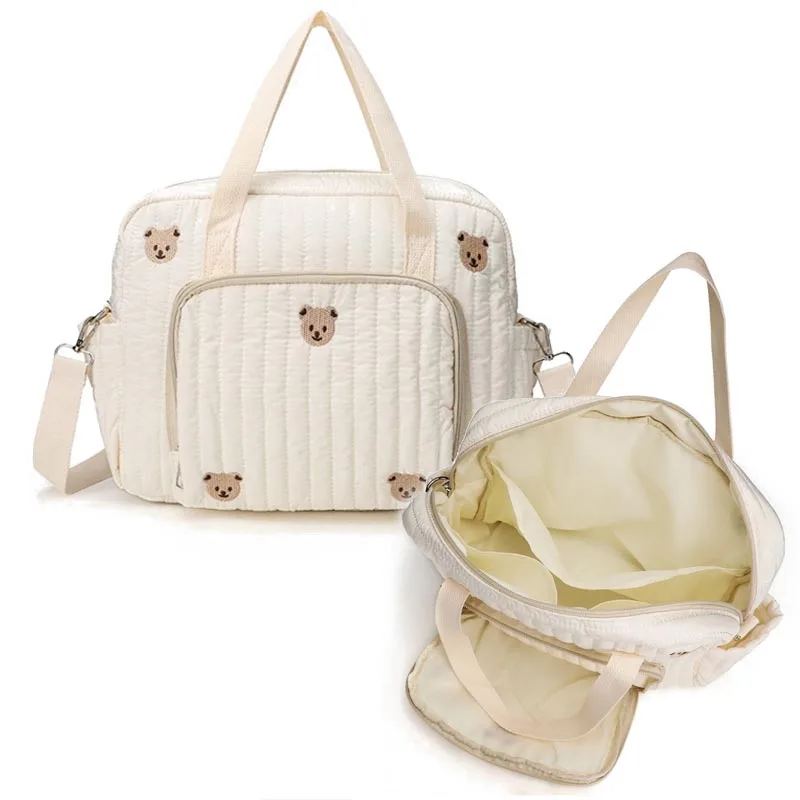 Baby Diaper Bag Cute Bear Flower Embroidery Pattern Mommy Bag Baby Beige Cotton Fabric Zipper Diaper Handbag New Luggage Bag