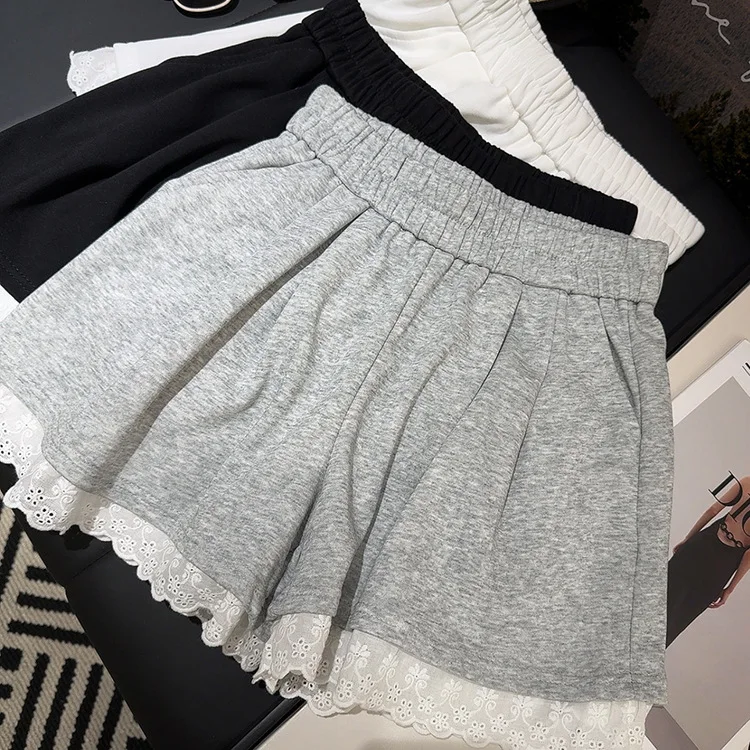 Harajuku Lace White Shorts Women's Hotpants Casual Sports Shorts Summer Pockets Loose Wide Leg Straight Versatile Skirt Pants