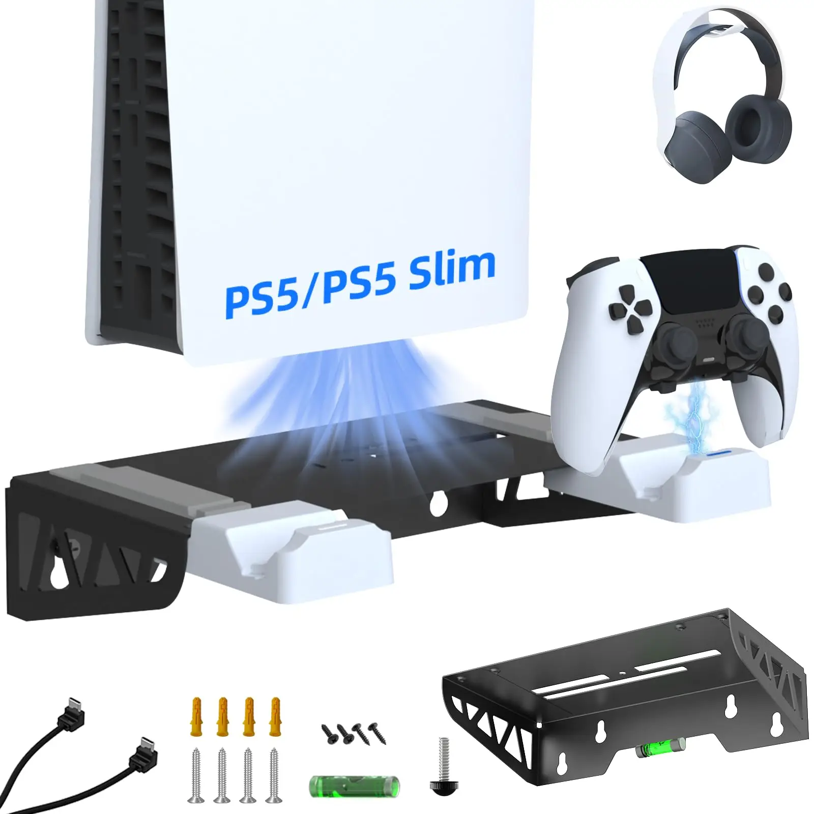 Wall Mount for PS5 with Fast Charging Station Steel Stand Dual Controller Charger Headphone Hanger PS5/PS5 Slim
