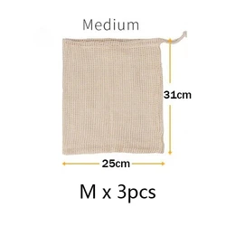 Eco - Friendly Reusable Cotton Mesh Produce Bags - Set of 3 (3pcs M)