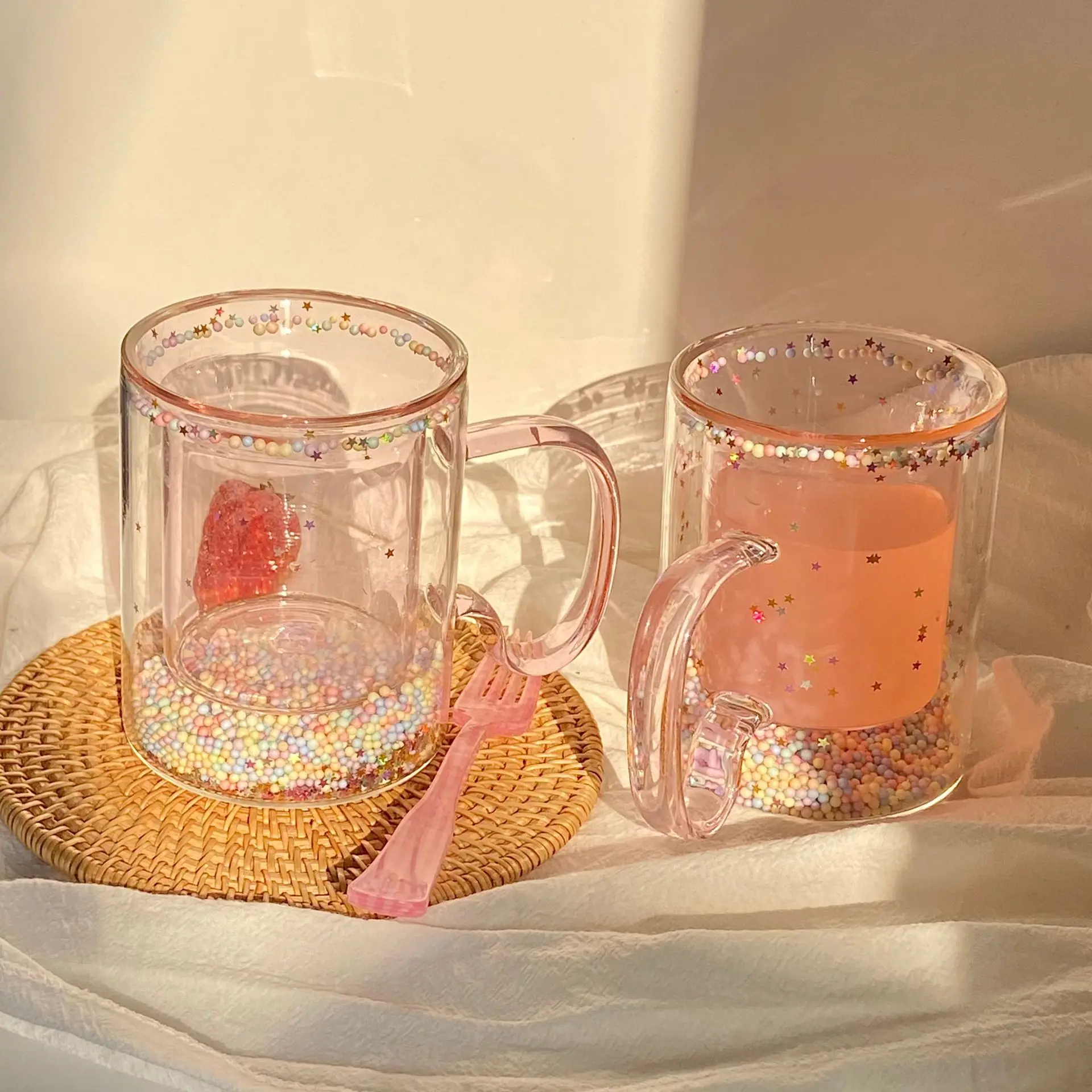 Girly Heart Bubble Mug Double Glass Cup Star Sequin Double Coffee Milk Cup Resistant Tropical Handle Gift Small Gift