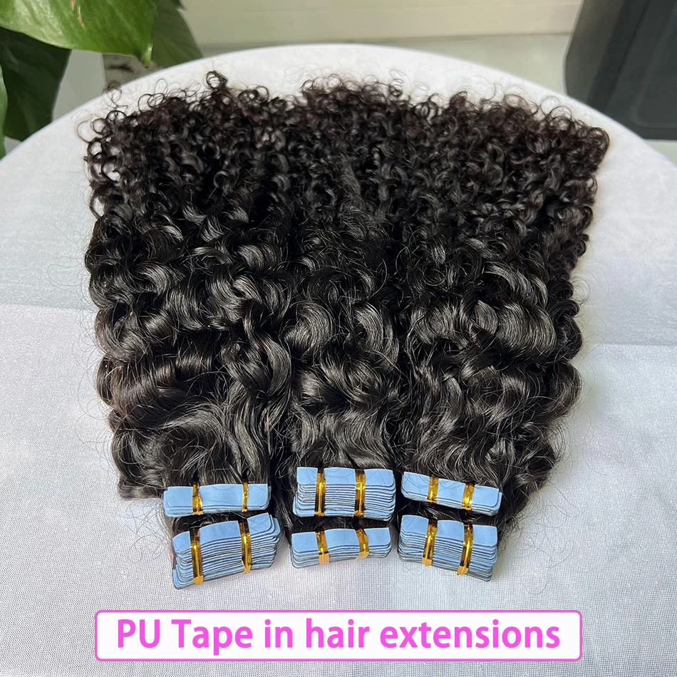 PU Tape In Hair Extensions Deep Curly Human Hair 4x0.8 cm Seamless Weft Hand Tied Adhesives Tape-Ins 100grams Wavy Virgin Hair 2