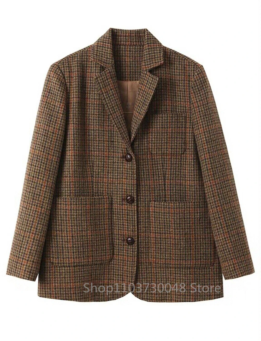 (Only Coat) Men's Suit Brown Plaid Woolen Blazer Prom Party Tuxedos Coat Single Breasted Three Buttons Bussiness/Wedding Jacket 3