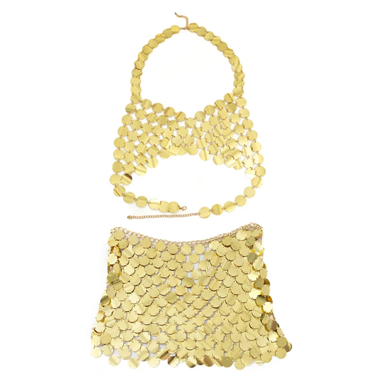 Damen Pailletten-Neckholder-Crop-Top und Minirock-Set, Glitzerndes Münz-Körperketten-Outfit für Sommer, Strand, Rave, Festival, Nachtclub-Party – Detail 6