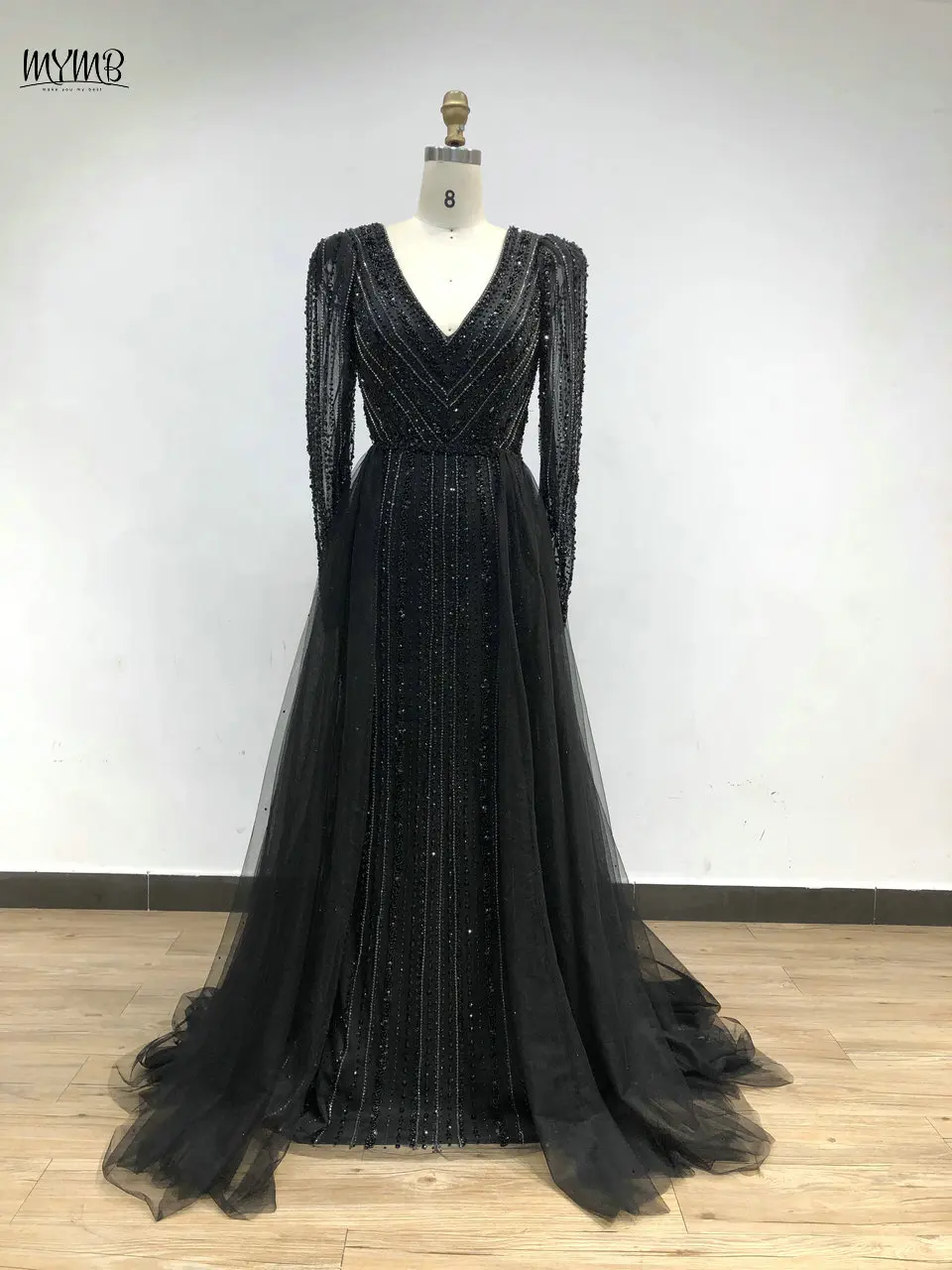 MYMB Elegantes Meerjungfrau-Abendkleid mit langen Ärmeln für Hochzeit, Party, arabisches Luxus-Perlen-V-Ausschnitt-Kleid für die Brautmutter USMA002B – Detail 11