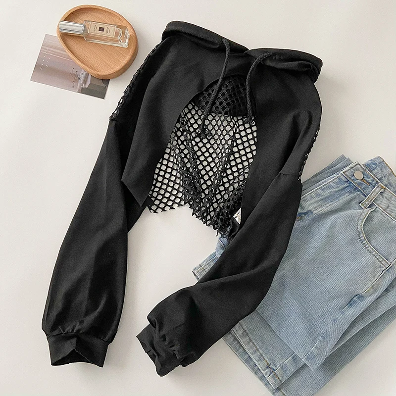 

Women's Hoodies Sweatshirt Mesh Splice Pullover Ultra Short Top Harajuku Long Sleeve Lumbar Sexy Top Gothic Street Wear