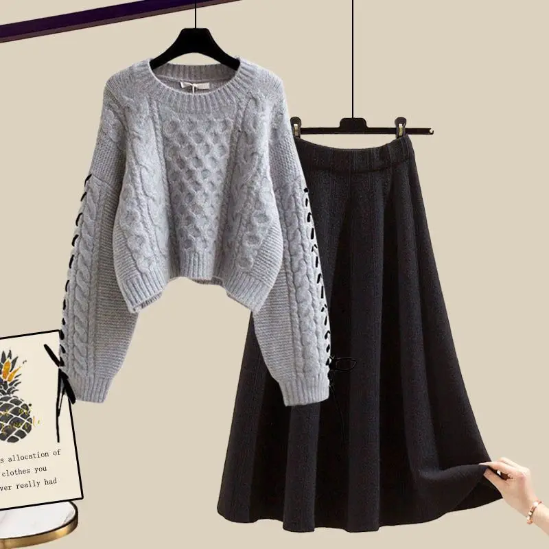 

New Autumn Winter Women Korean Knitted Dress 2 Pieces Sets Knit O-neck Sweater Top Skirt Set Casual Women Clothes