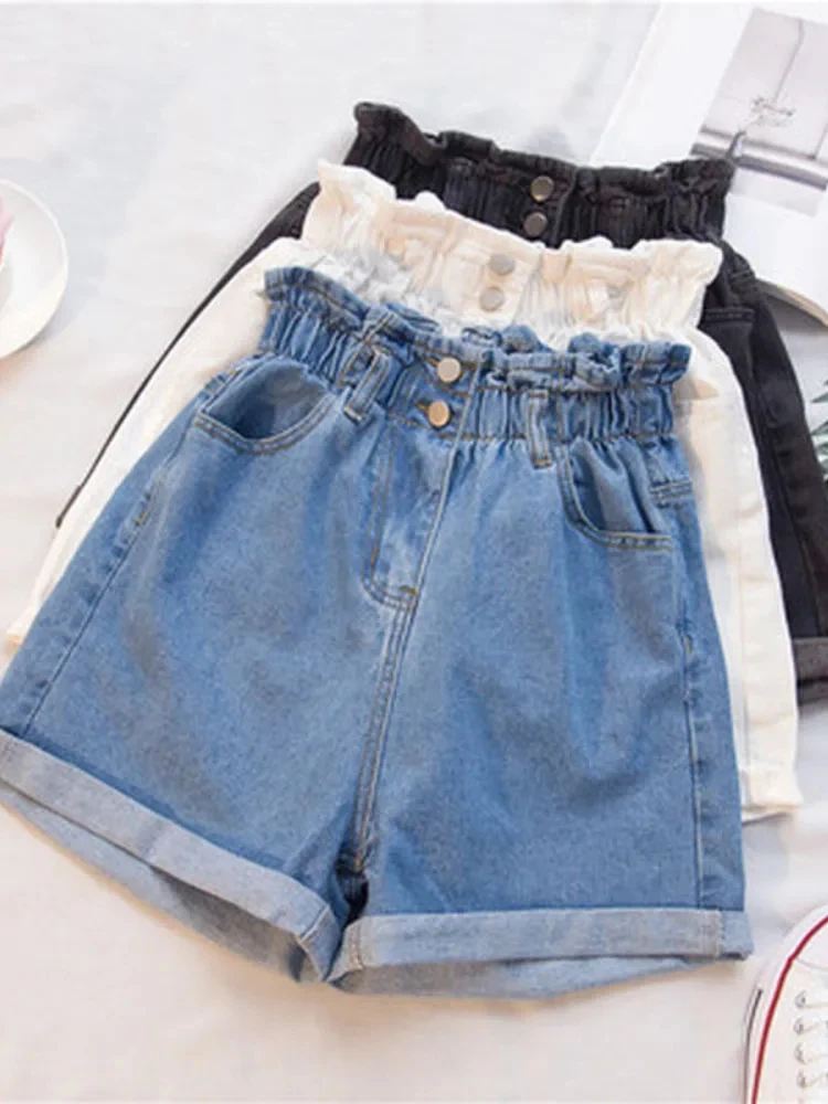 Elastic High Waisted Denim Shorts for Black Women in S-5XL Sizes with Ruffled Harem Style in White and Blue - Female Short Jeans