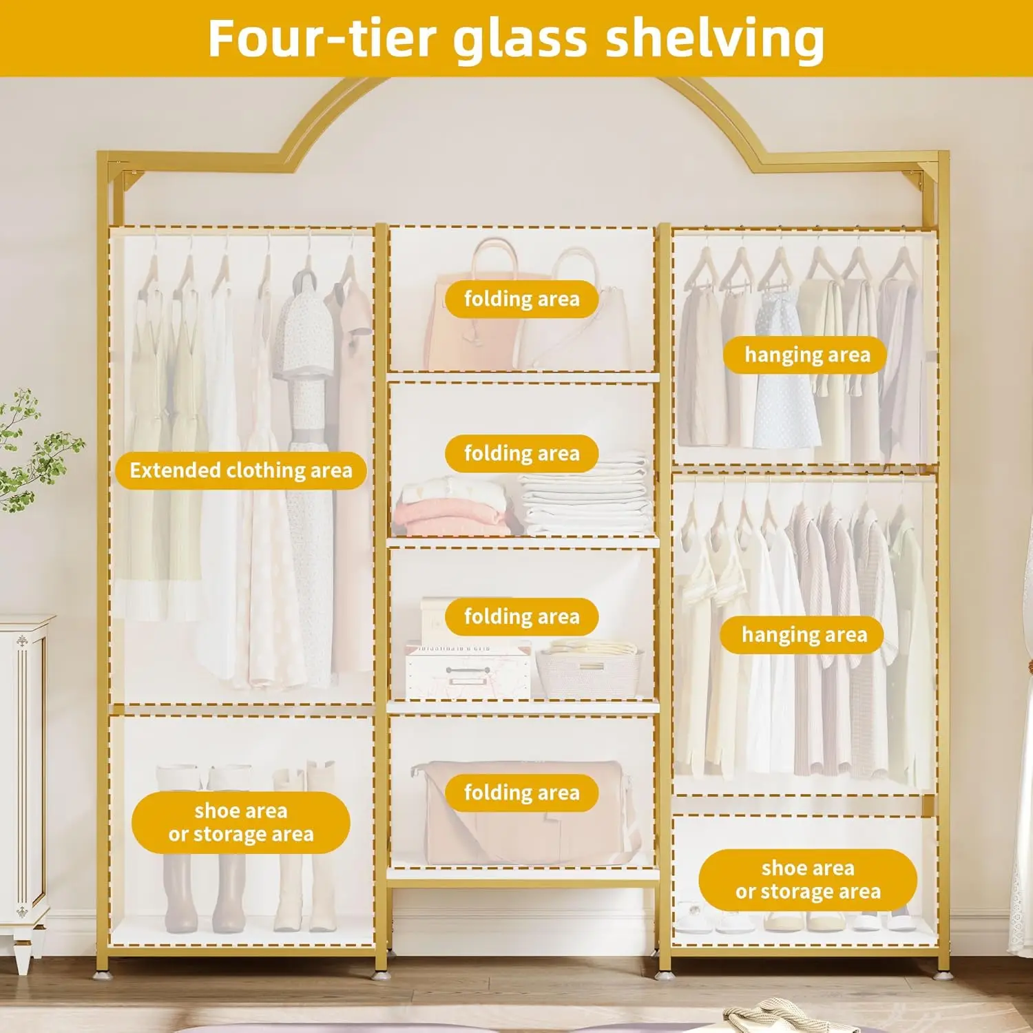 Heavy Duty Clothes Rack with Storage Shelves, Closet Organizer System for Hanging Clothes, 4-Tier Garment Rack Wardrobe with 3 H 4
