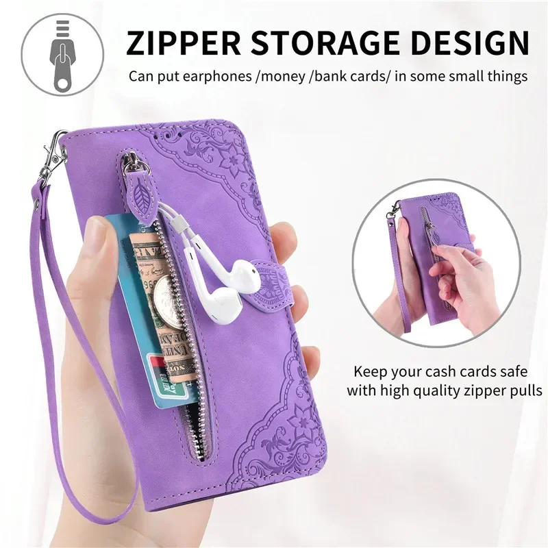 Leather Magnetic Zip Wallet Card Cover Phone Case