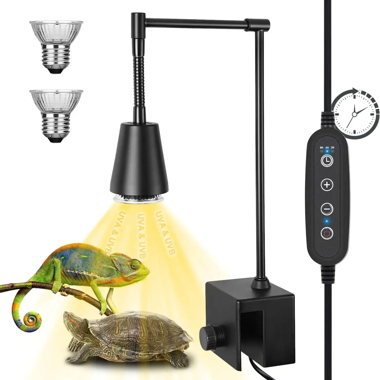 iGrowsla 2 Head Reptile Heat Lamp, 50W UVA/UVB Habitat Spot Light with Timer 2/4/8h and Dimming Clamp for Turtles, Lizard, Snake